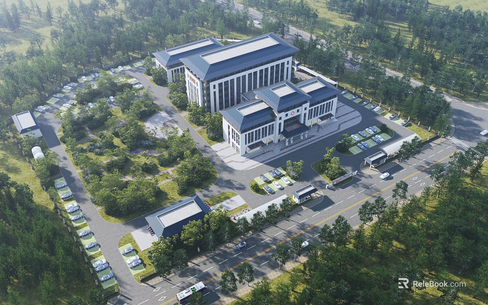 Modern Hospital Building Aerial View With Surrounding Trees Parking Lot And Roads 3d model 