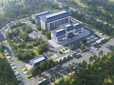 Modern Hospital Building Aerial View With Surrounding Trees Parking Lot And Roads 3d model