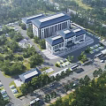 Modern Hospital Building Aerial View With Surrounding Trees Parking Lot And Roads