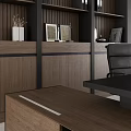 Modern Leisure Chair In Home Office With Wooden Bookshelf And Black Desk