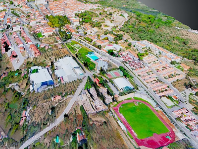Modern Town Aerial View With Green Spaces Buildings And Sports Field 3d model