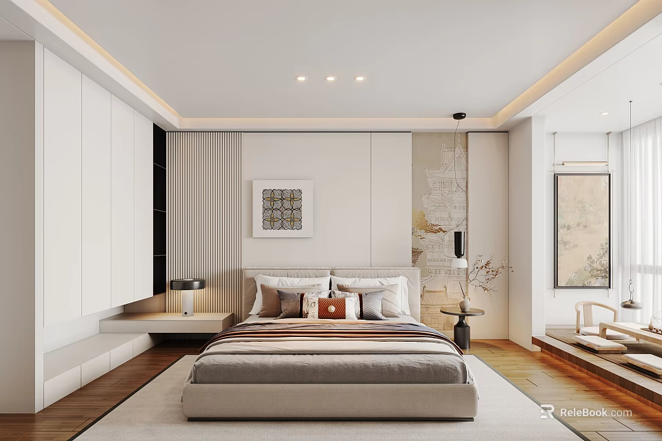 Modern Bedroom Interior Design With Large Bed Pillows White Wardrobes And Decorative Paintings 3d model 