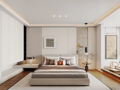 Modern Bedroom Interior Design With Large Bed Pillows White Wardrobes And Decorative Paintings 3d model