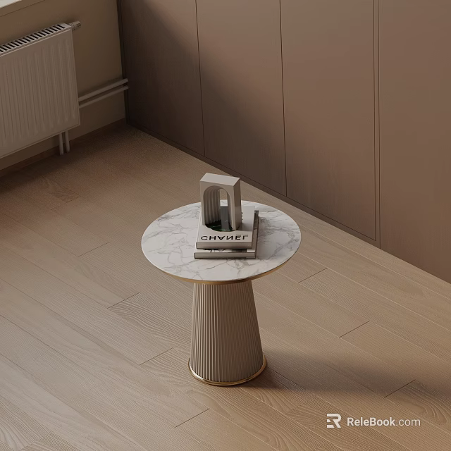 Round Marble Top Side Table With Ribbed Base Chanel Book And Geometric Decor 3d model 