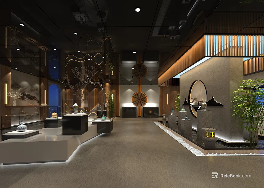 Chinese Style Showroom Interior Featuring Display Cabinets Circular Decorations Green Plants And Lighting 3d model 