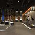 Chinese Style Showroom Interior Featuring Display Cabinets Circular Decorations Green Plants And Lighting