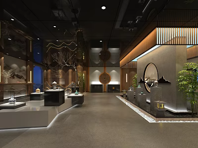Chinese Style Showroom Interior Featuring Display Cabinets Circular Decorations Green Plants And Lighting 3d model
