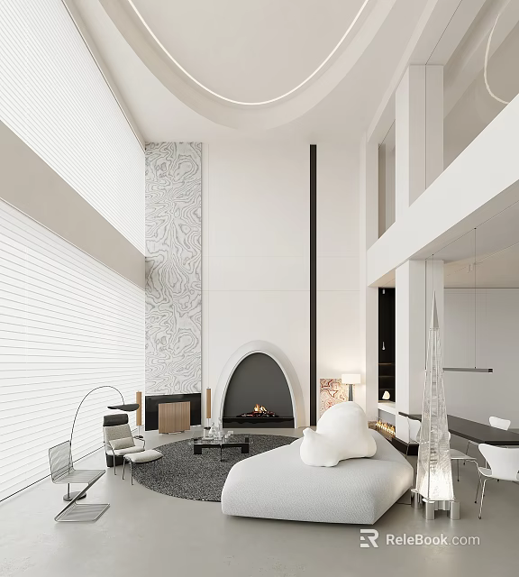 Modern Minimalist Loft Living Room With Fireplace And High Ceiling 3d model 