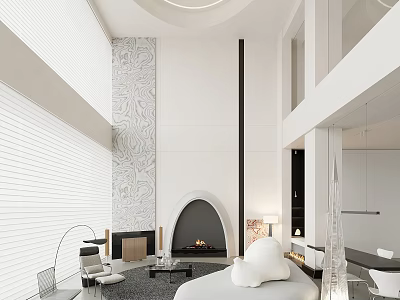 Modern Minimalist Loft Living Room With Fireplace And High Ceiling 3d model