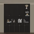 Modern Black Bookcase Design With Cabinets Drawers Open Shelves And Decorative Vases