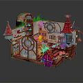 Enchanted Cartoon Scene Interior With Red Pointed Roofs Round Windows And Magic Potions
