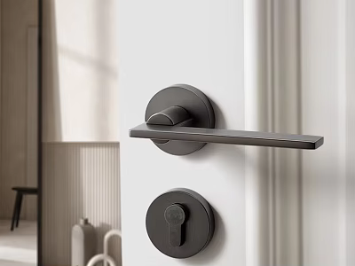 Modern Sleek Black Metal Door Handle On White Door In Minimalist Interior Setting 3d model