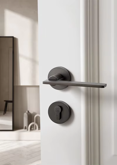 Modern Sleek Black Metal Door Handle On White Door In Minimalist Interior Setting 3d model