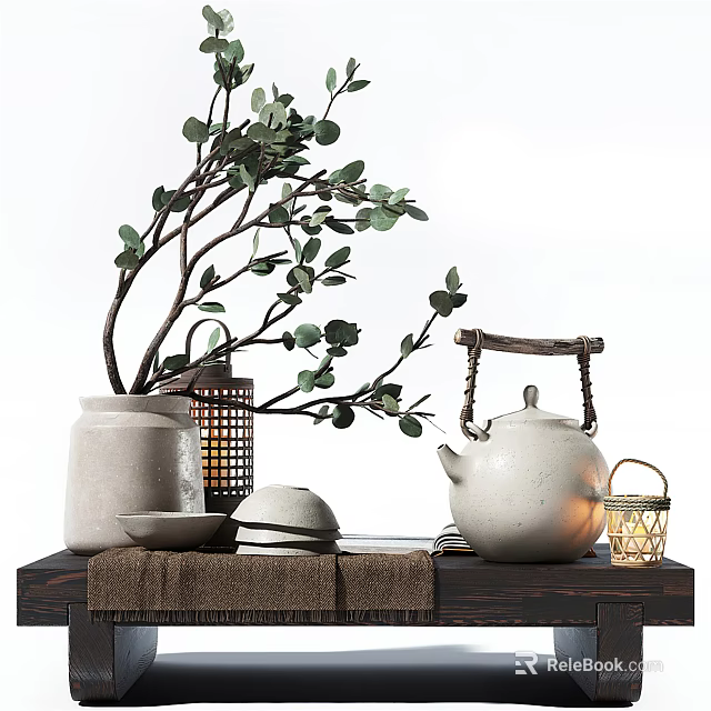 Traditional Tea Set on Wooden Table with Clay Jar Branches and Lantern 3d model 
