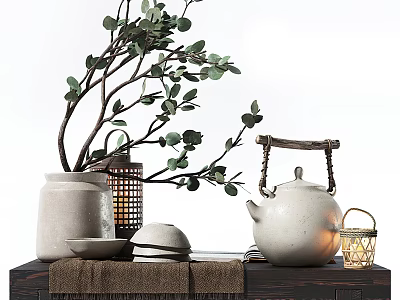 Traditional Tea Set on Wooden Table with Clay Jar Branches and Lantern 3d model