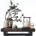 Traditional Tea Set on Wooden Table with Clay Jar Branches and Lantern