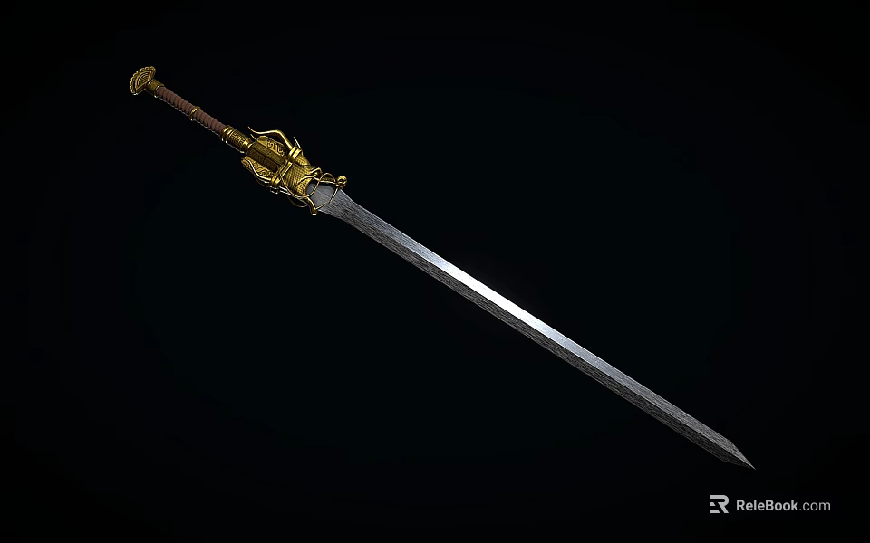 Traditional Sword With Golden Decorated Hilt And Long Sharp Steel Blade Design 3d model 