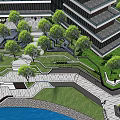 Modern Urban Plaza Landscape With Green Lawn Trees Water Feature And Pathway