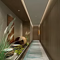 Hotel Corridor Interior With Wooden Walls Built-in Shelves Green Plants And Decorative Carpets
