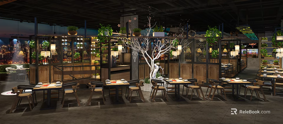 Elegant Hotpot Restaurant Interior With Decorative Tree Hanging Lanterns Green Plants And Wooden Tables 3d model 