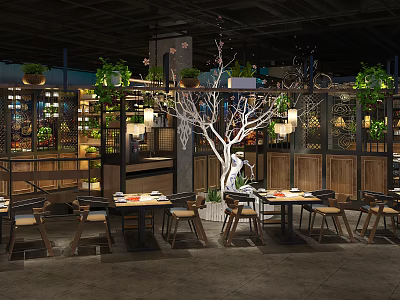 Elegant Hotpot Restaurant Interior With Decorative Tree Hanging Lanterns Green Plants And Wooden Tables 3d model