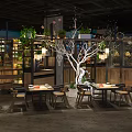 Elegant Hotpot Restaurant Interior With Decorative Tree Hanging Lanterns Green Plants And Wooden Tables