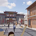 Busy Traditional Commercial Street With Ancient Architecture Red Lanterns And Pedestrians