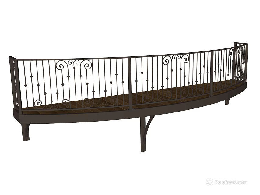 Curved Wrought Iron Balcony Railing With Ornate Designs And Support Structure 3d model 
