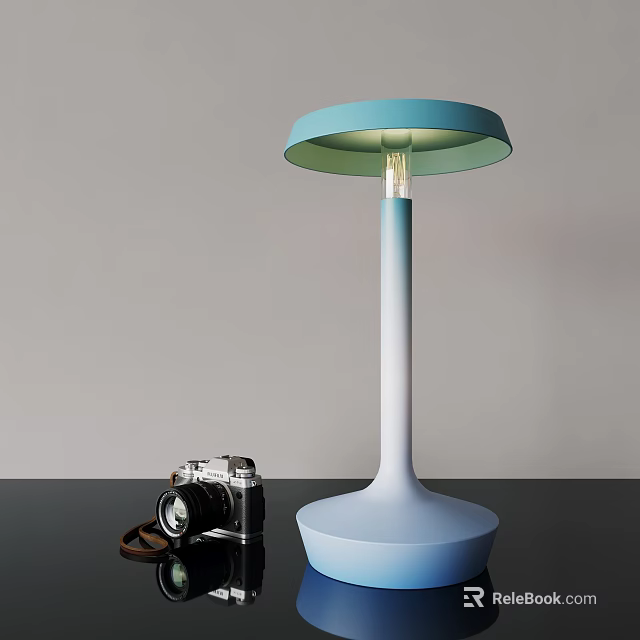Modern Blue White Gradient Table Lamp with Round Lampshade and Vintage Camera on Black Table 3d model 