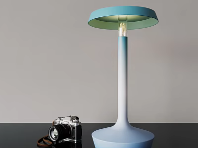 Modern Blue White Gradient Table Lamp with Round Lampshade and Vintage Camera on Black Table 3d model
