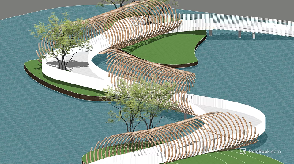 Modern Curved Landscape Bridge Design Surrounded by Water Green Lawn and Trees 3d model 