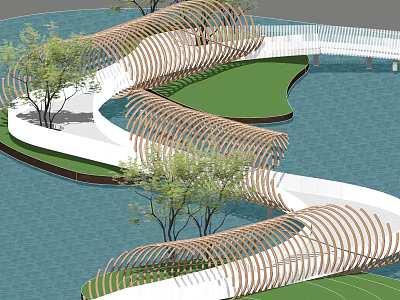 Modern Curved Landscape Bridge Design Surrounded by Water Green Lawn and Trees 3d model