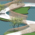 Modern Curved Landscape Bridge Design Surrounded by Water Green Lawn and Trees