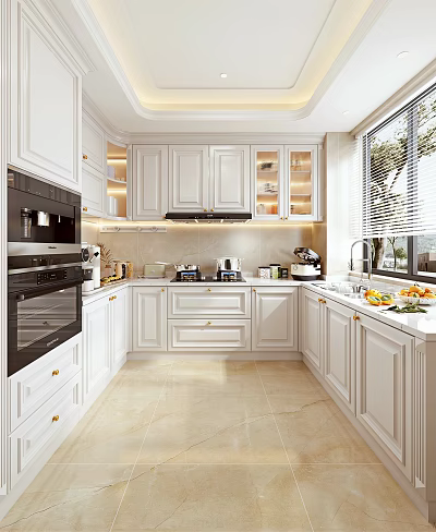 Bright Modern White Kitchen Interior With White Cabinets Appliances Lighting And Window Blinds 3d model