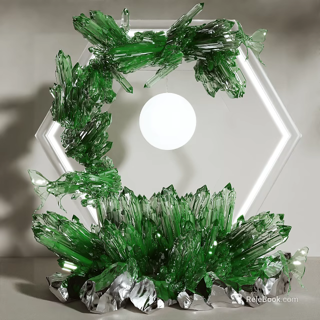 Green Crystal like Glass Art Installation With Hexagonal Frame And Central White Sphere 3d model 