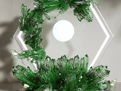 Green Crystal like Glass Art Installation With Hexagonal Frame And Central White Sphere 3d model