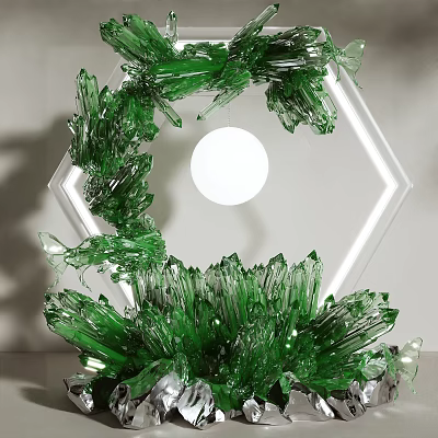Green Crystal like Glass Art Installation With Hexagonal Frame And Central White Sphere 3d model