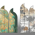 Chinese Style Decorative Screen Featuring Peacock Patterns and Landscape Architecture Paintings 3d model