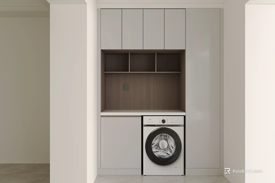 Modern Decorative Cabinet With White Doors Wooden Shelves And Front Washer 3d model 