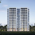 Modern High Rise Residential Building Surrounded by Greenery and Trees Illuminated with Evening Lights
