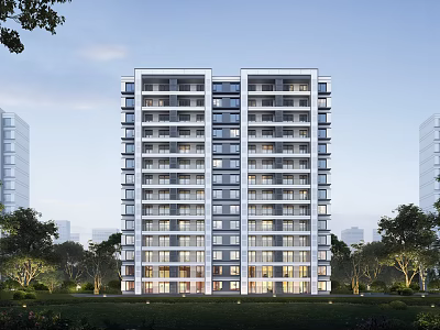 Modern High Rise Residential Building Surrounded by Greenery and Trees Illuminated with Evening Lights 3d model