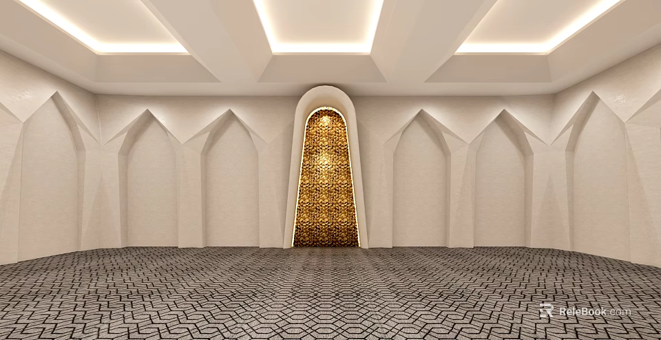 Islamic Religious Place Interior With White Arched Walls Golden Lattice And Geometric Carpet 3d model 
