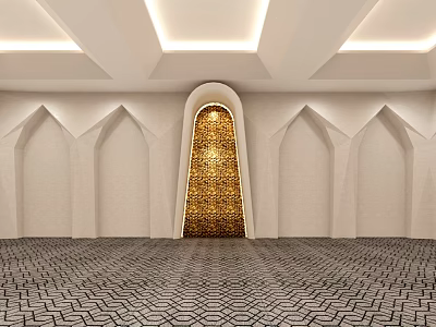 Islamic Religious Place Interior With White Arched Walls Golden Lattice And Geometric Carpet 3d model