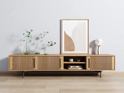 Modern Wooden TV Stand with Storage Cabinets Green Plant Vases Framed Art and Books 3d model