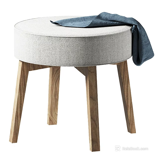 Modern Round Upholstered Stool With Light Gray Seat Wooden Legs And Blue Cloth 3d model 
