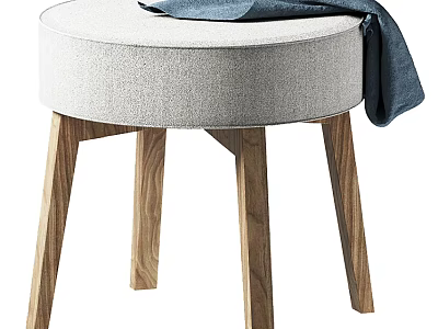 Modern Round Upholstered Stool With Light Gray Seat Wooden Legs And Blue Cloth 3d model