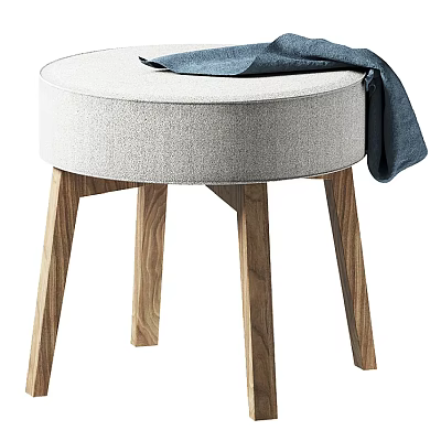 Modern Round Upholstered Stool With Light Gray Seat Wooden Legs And Blue Cloth 3d model
