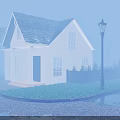 Scenic Evening Landscape With White House Wooden Fence Street Lamps Wet Ground And Foggy Atmosphere
