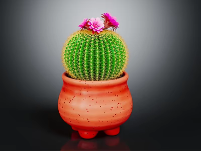 Green Spherical Cactus With Yellow Spines And Pink Flowers In Red Terracotta Legged Pot 3d model