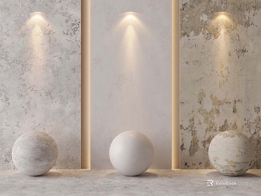 Textured and Smooth Wall with Wall Lights and Three Decorative Spheres 3d model 